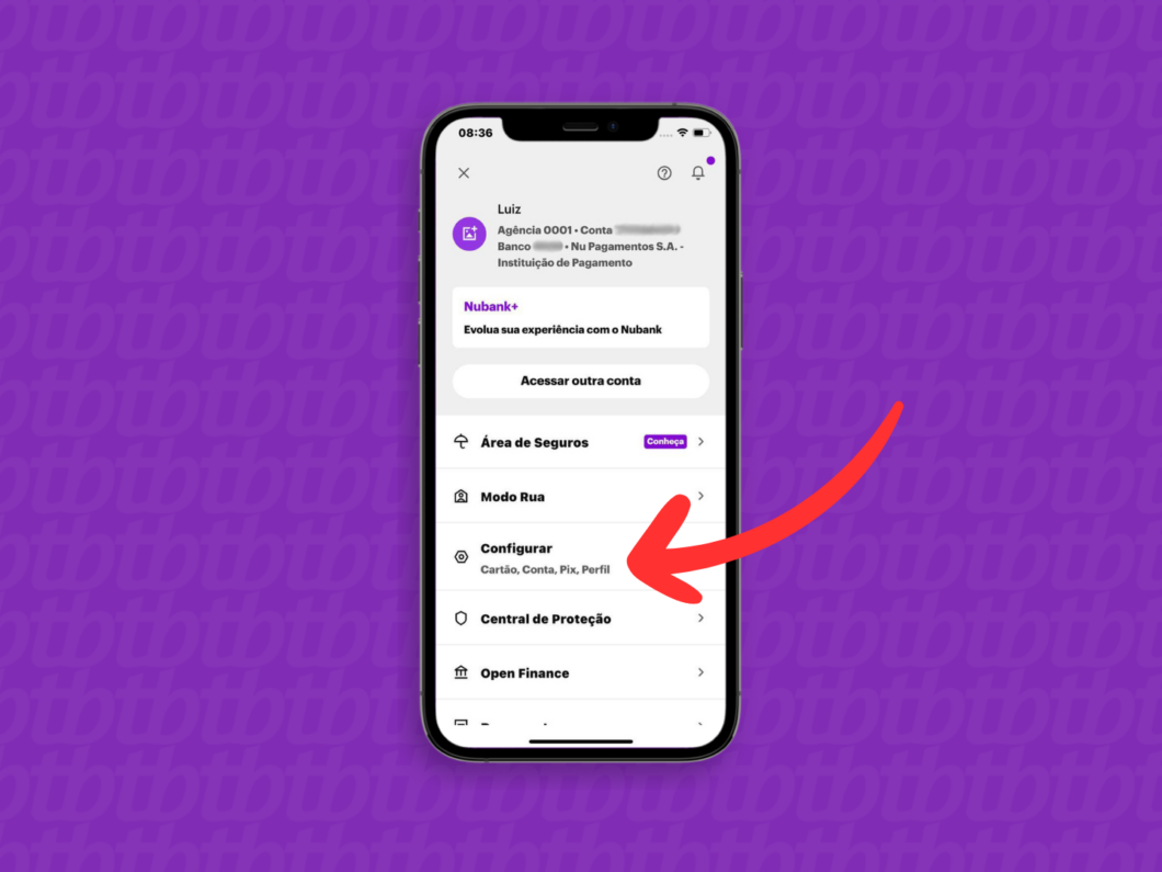 Captura de tela do aplicativo Nubank mostra como acessar o menu Configurar