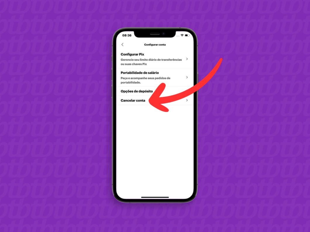 Captura de tela do aplicativo Nubank mostra como acessar a opção Cancelar Conta