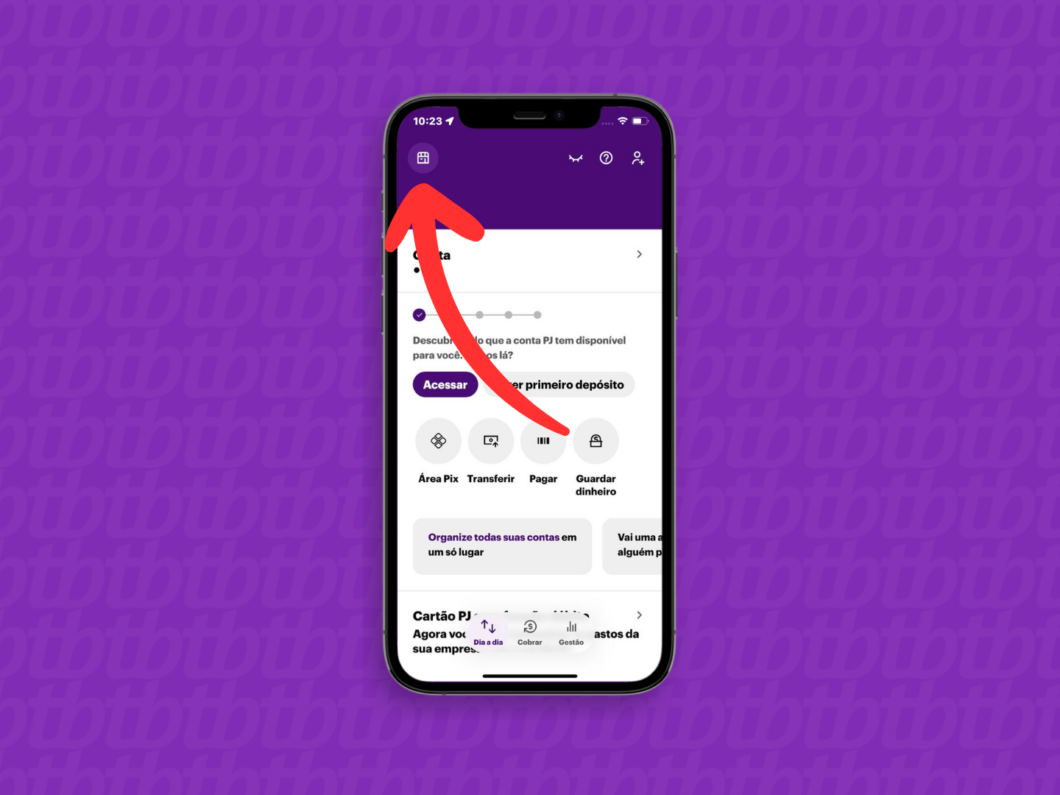 Captura de tela do aplicativo Nubank mostra como acessar o menu principal