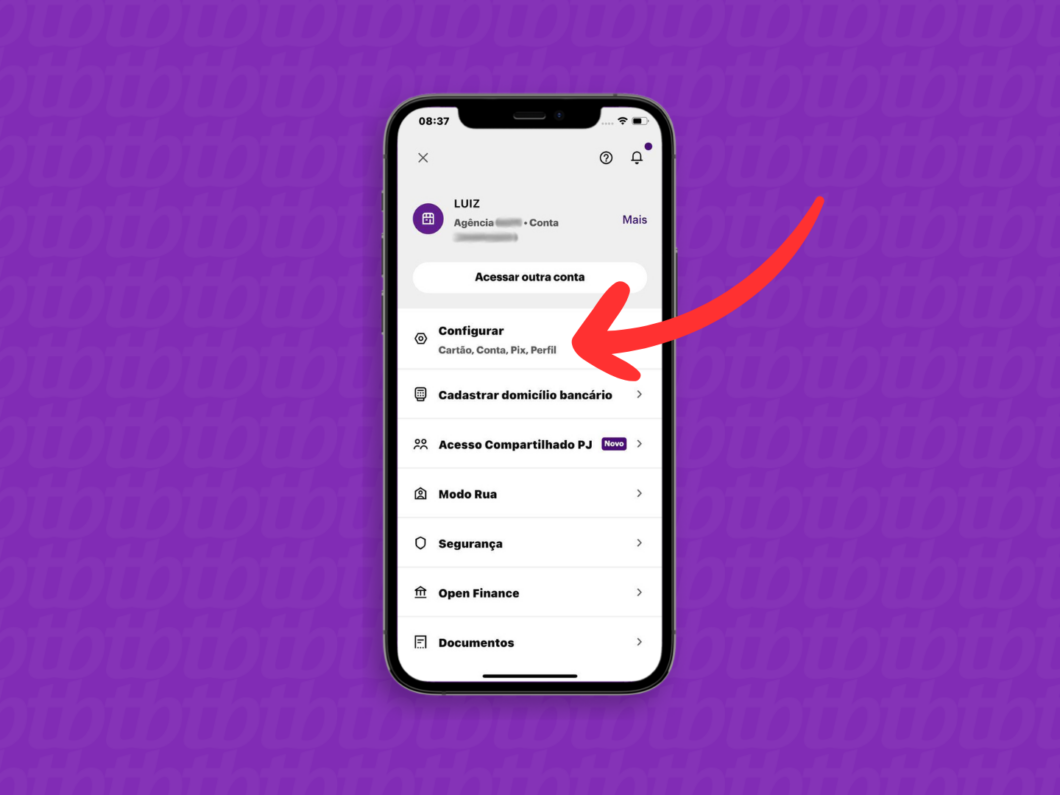 Captura de tela do aplicativo Nubank mostra como acessar o menu Configurar de conta PJ