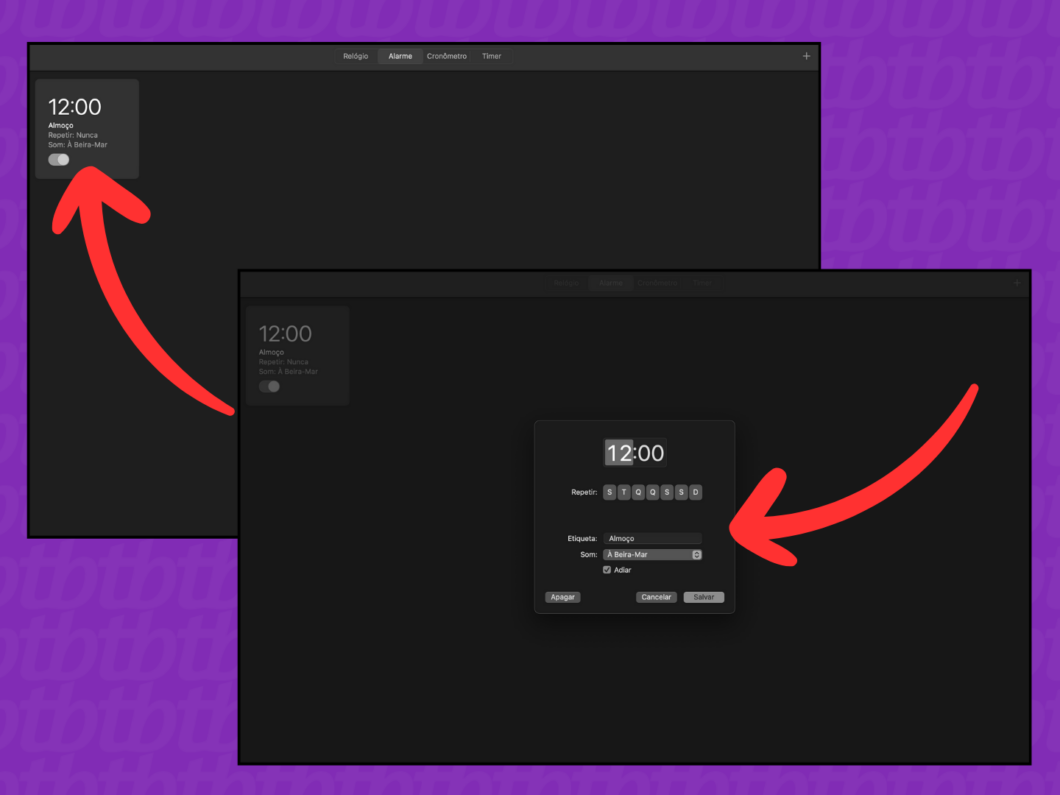 Captura de tela do Mac mostra como personalizar um alarme