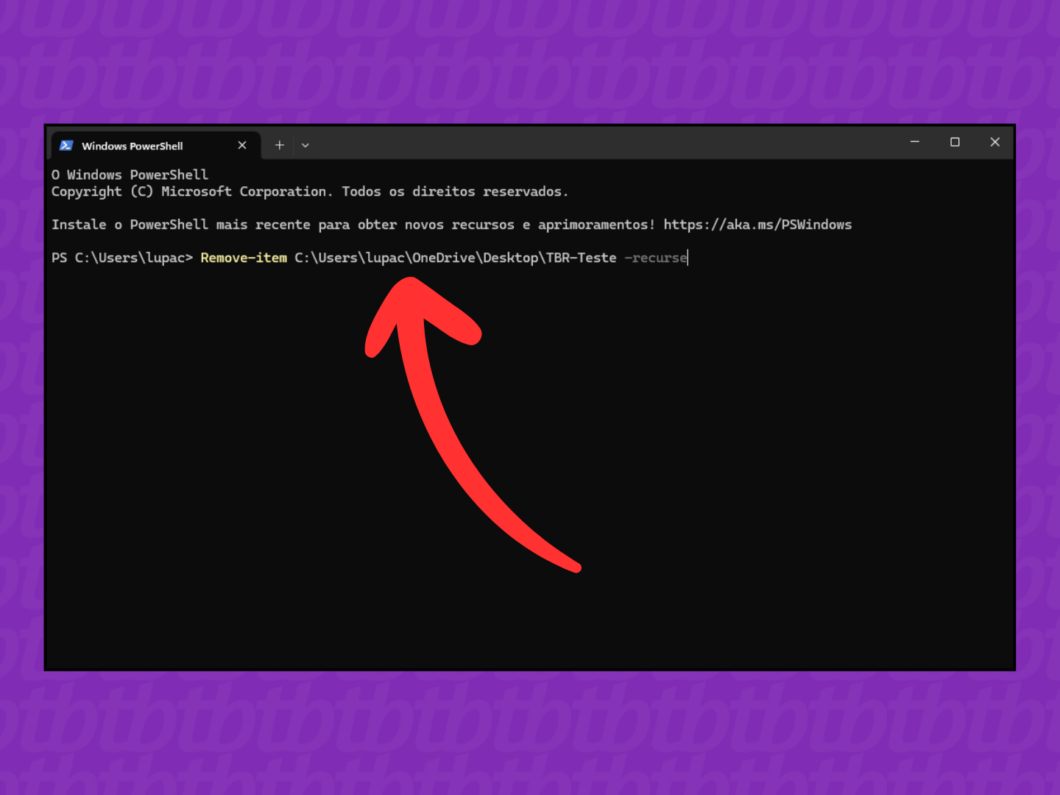 Inserindo o comando do PowerShell para deletar a pasta que não pode ser excluída do Windows