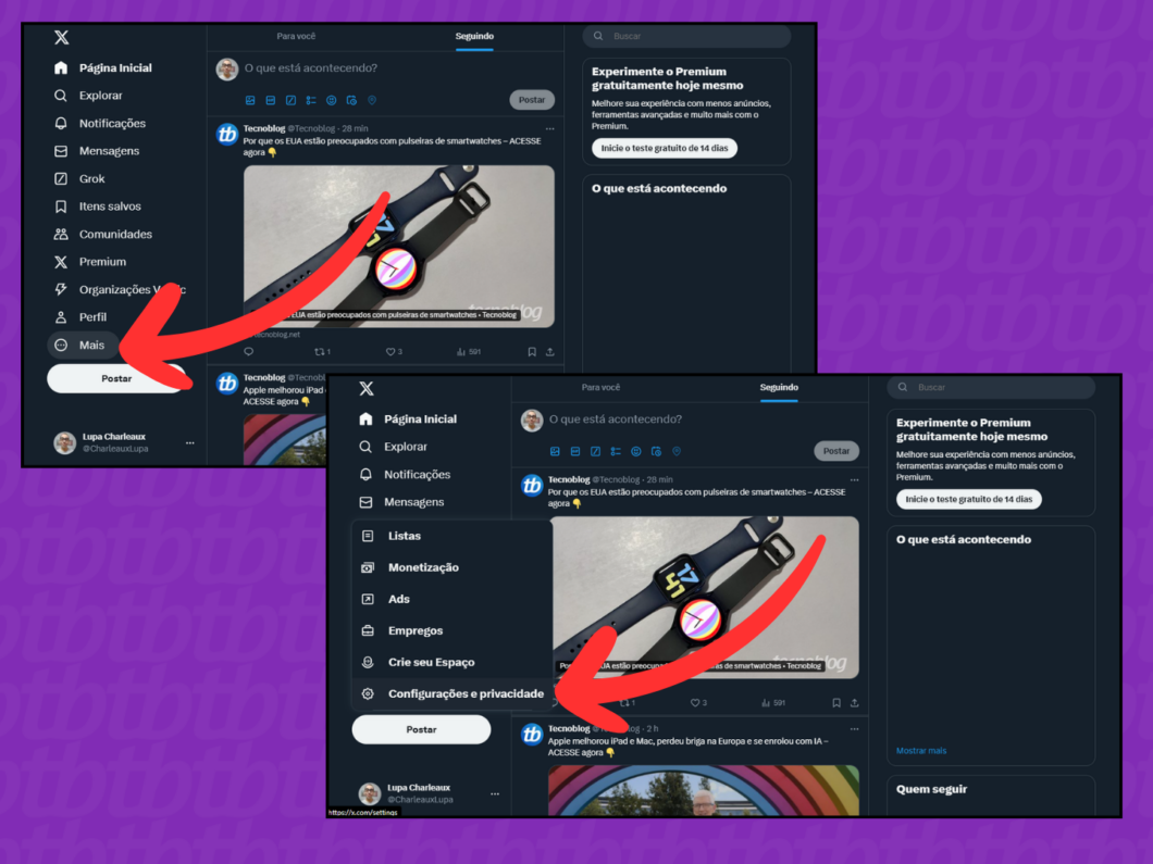 Captura de tela do X (Twitter) mostra como acessar o menu Configurações e privacidade