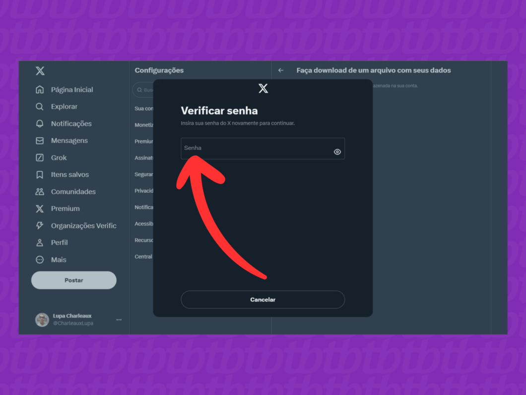 Captura de tela do X (Twitter) mostra como verificar a identidade com a senha