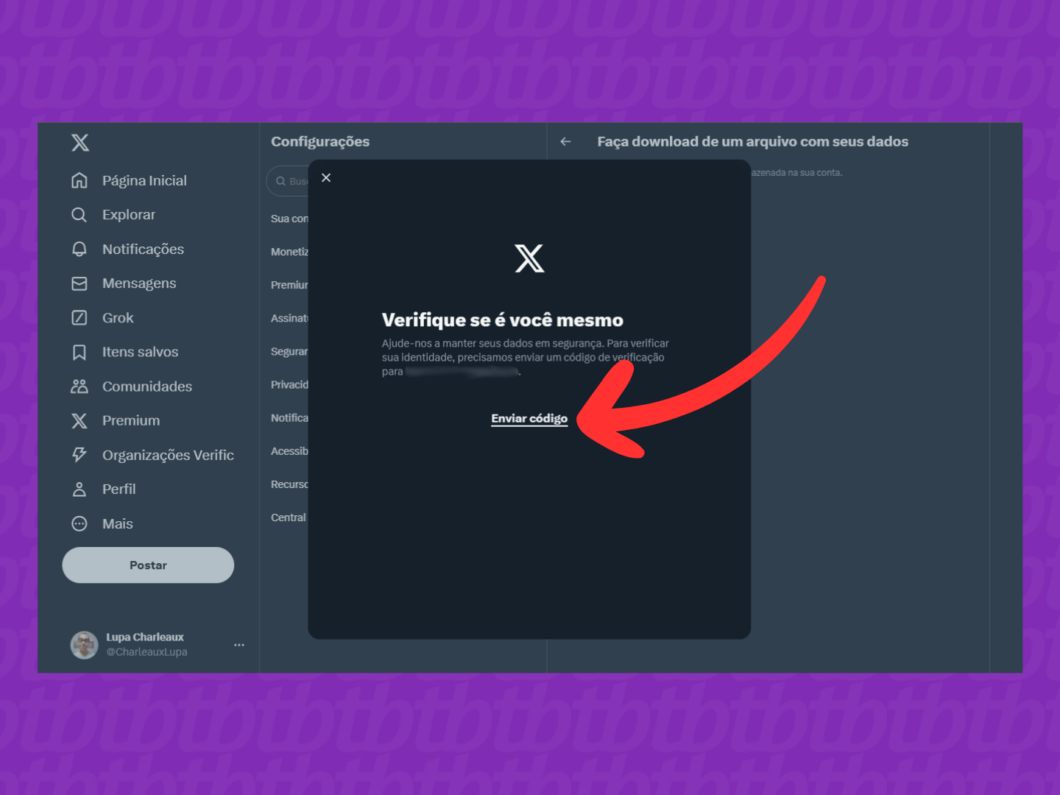Captura de tela do X (Twitter) mostra como enviar o código de verificação