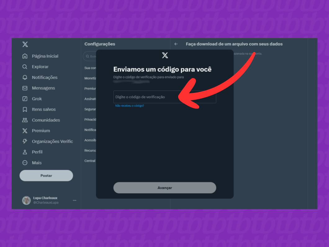 Captura de tela do X (Twitter) mostra como inserir o código de verificação