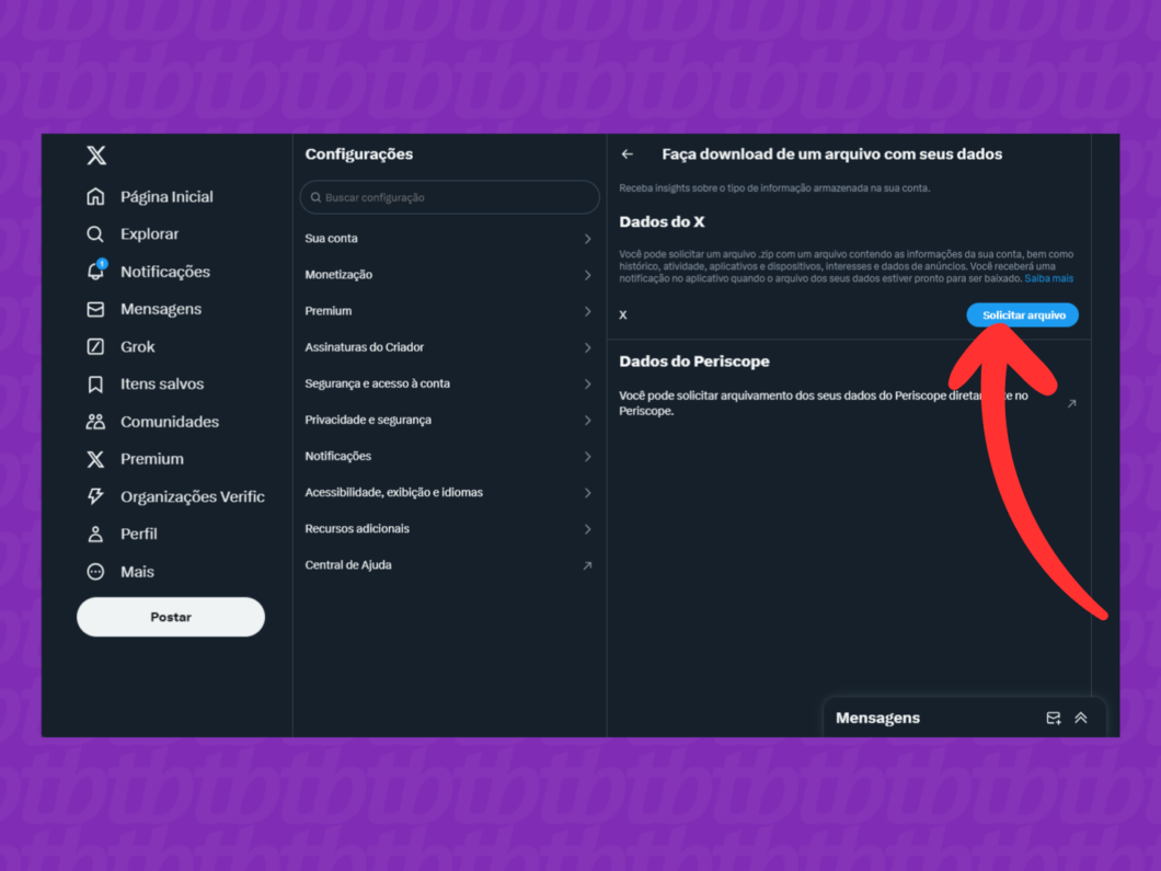 Captura de tela do X (Twitter) mostra como solicitar o arquivo de backup