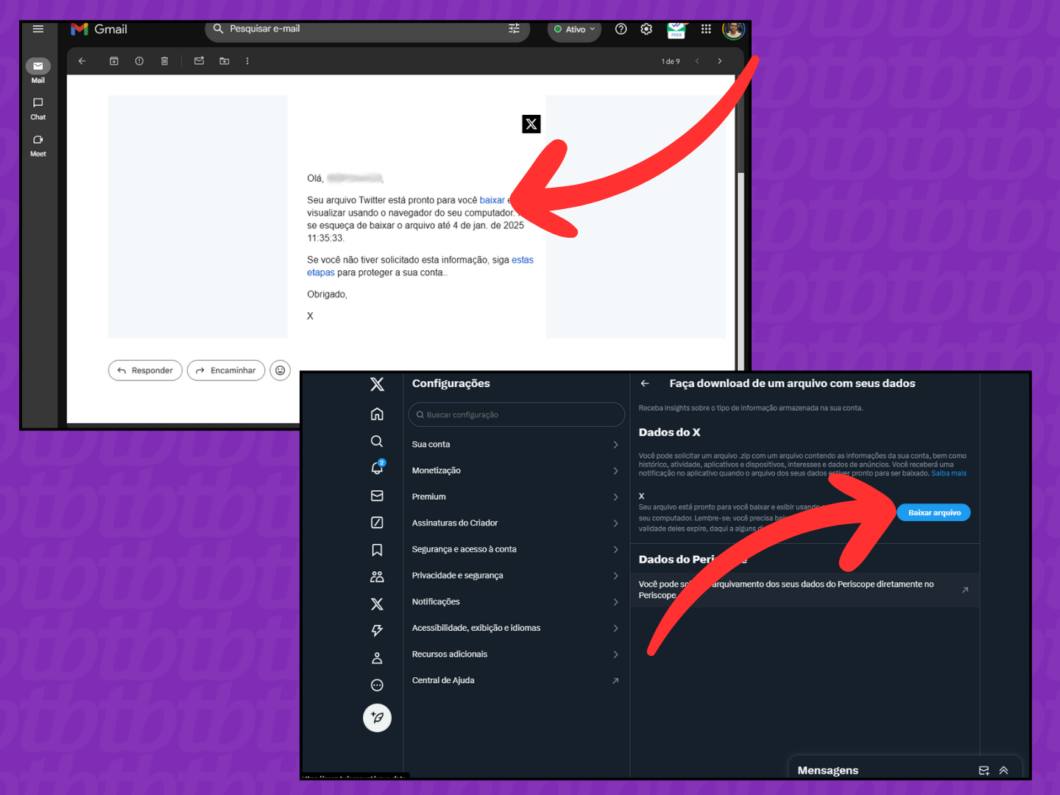 Captura de tela do X (Twitter) mostra como baixar o arquivo de backup