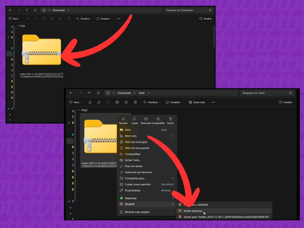 Captura de tela do Windows mostra como extrair os arquivos do backup do X (Twitter)