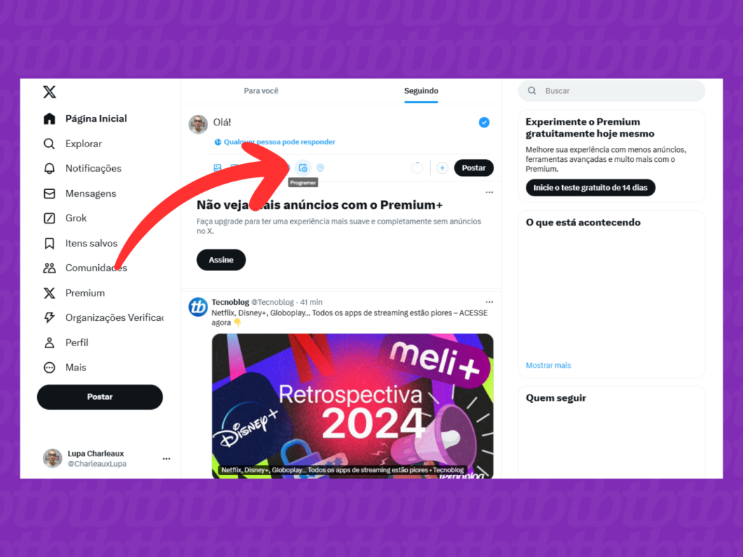 Captura de tela do site X (Twitter) mostra como acessar o menu "Programar"