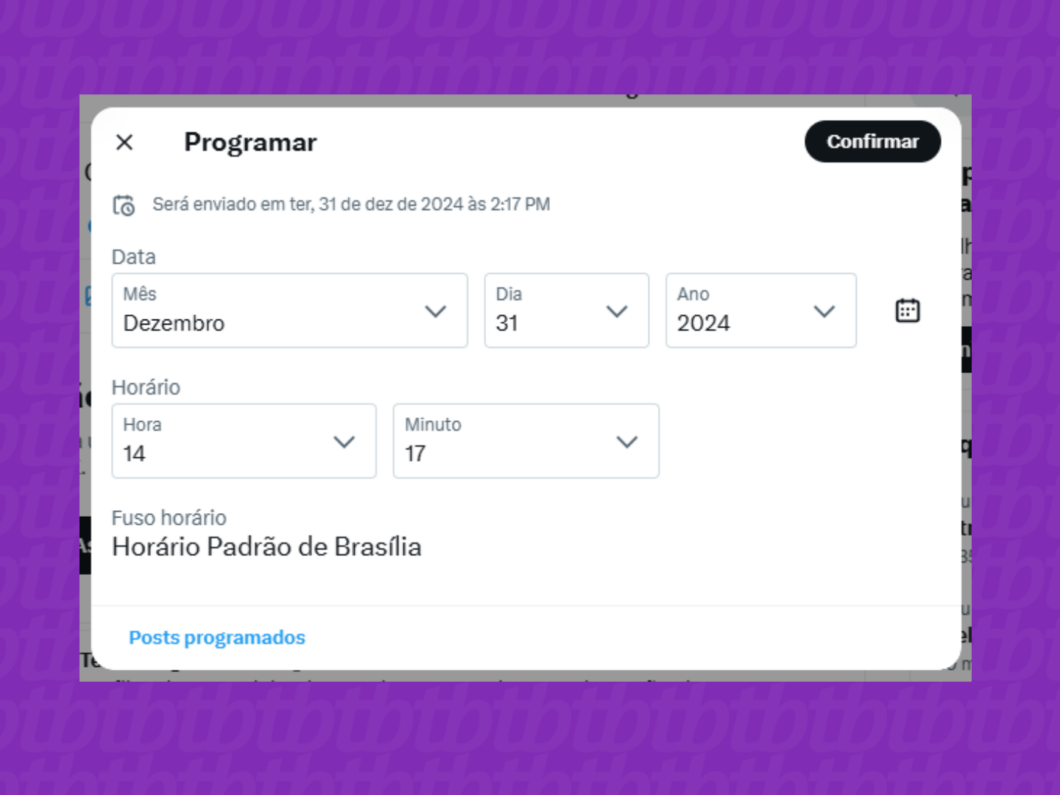 Captura de tela do site X (Twitter) mostra como definir a data e a hora de um tweet