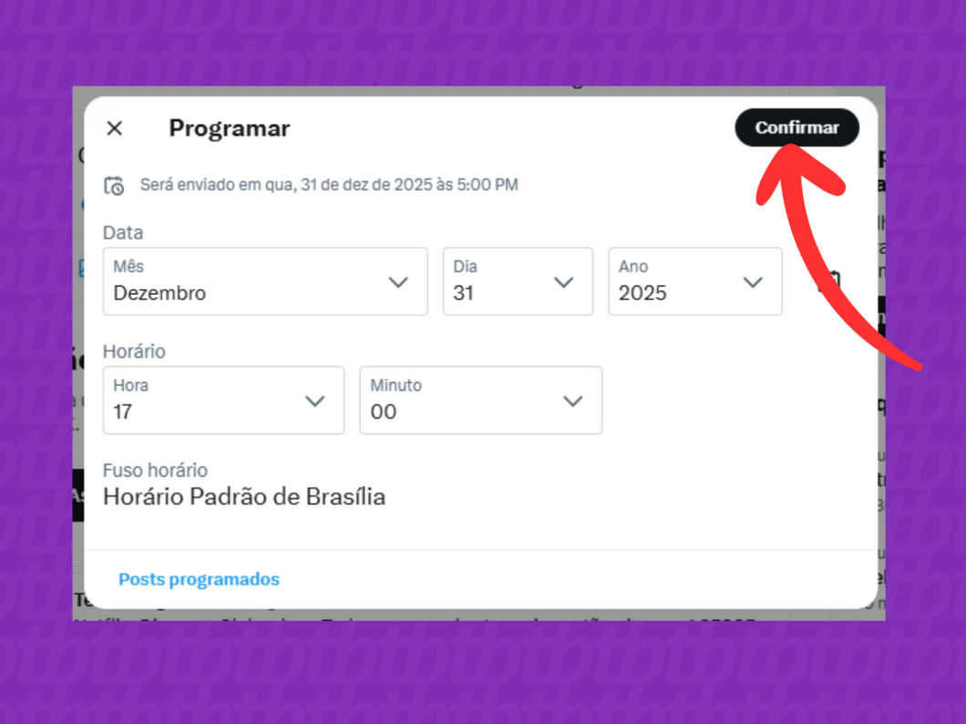 Captura de tela do site X (Twitter) mostra como confirmar a data e hora do tweet programado