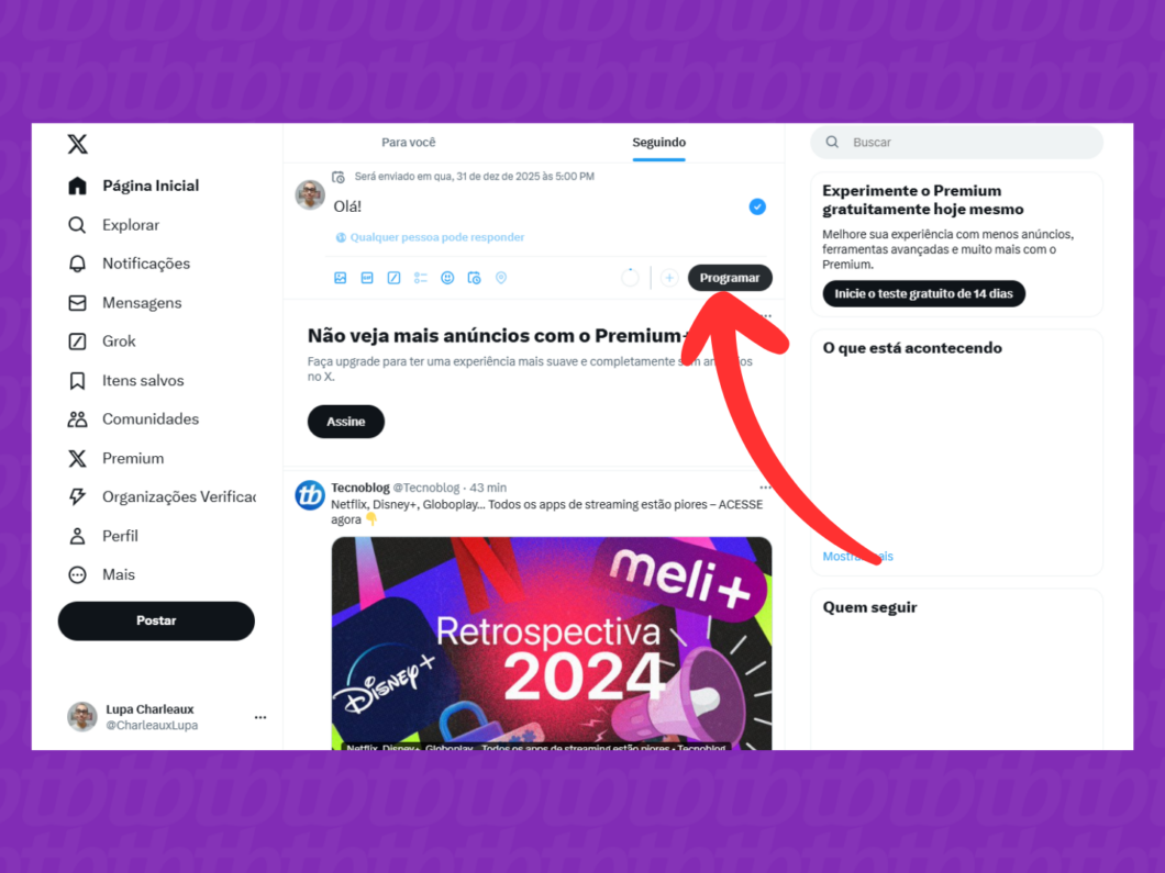 Captura de tela do site X (Twitter) mostra como programar um tweet