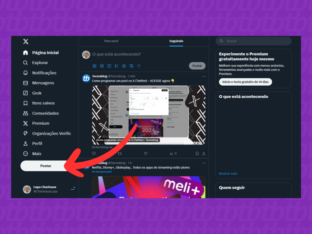 Captura de tela do site X (Twitter) mostra como abrir a janela de criação de tweet