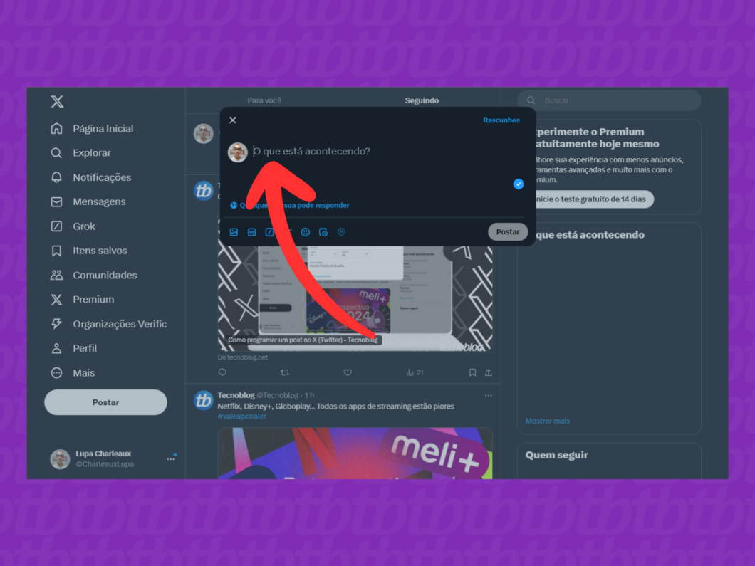 Captura de tela do site X (Twitter) mostra como escrever um rascunho de tweet