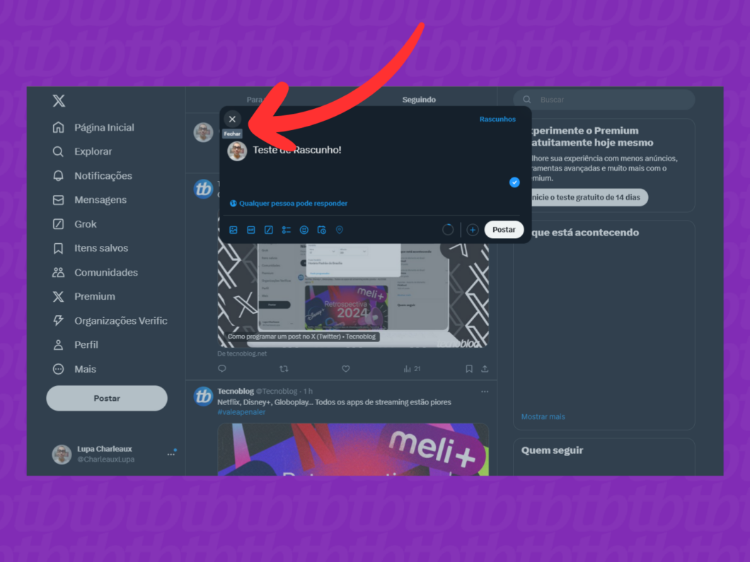 Captura de tela do site X (Twitter) mostra como fechar um rascunho de tweet