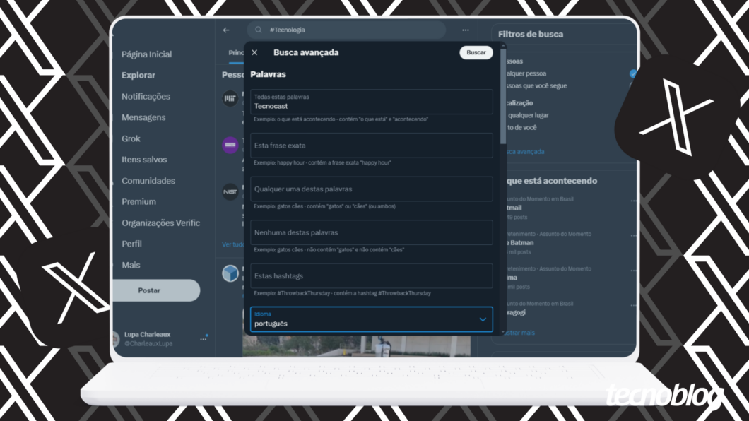Ilustração do X (Twitter) mostra tela de busca avançada