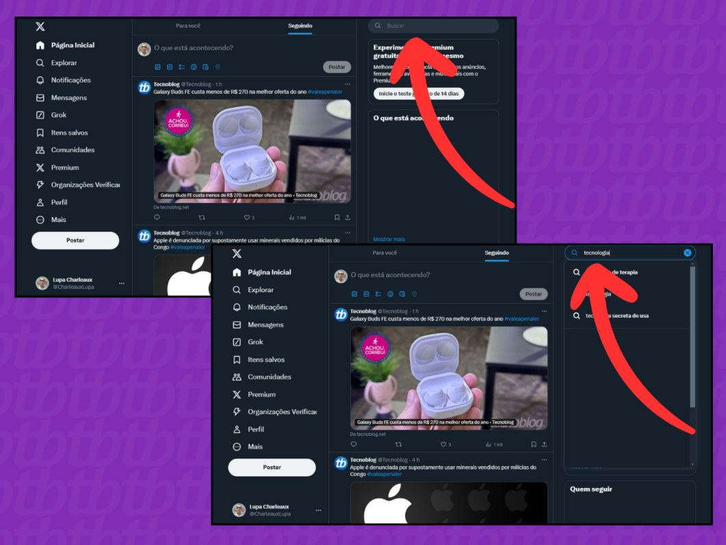 Captura de tela do site X (Twitter) mostra como acessar o campo "Buscar"
