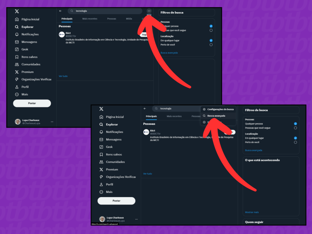 Captura de tela do site X (Twitter) mostra como acessar o menu Busca Avançada