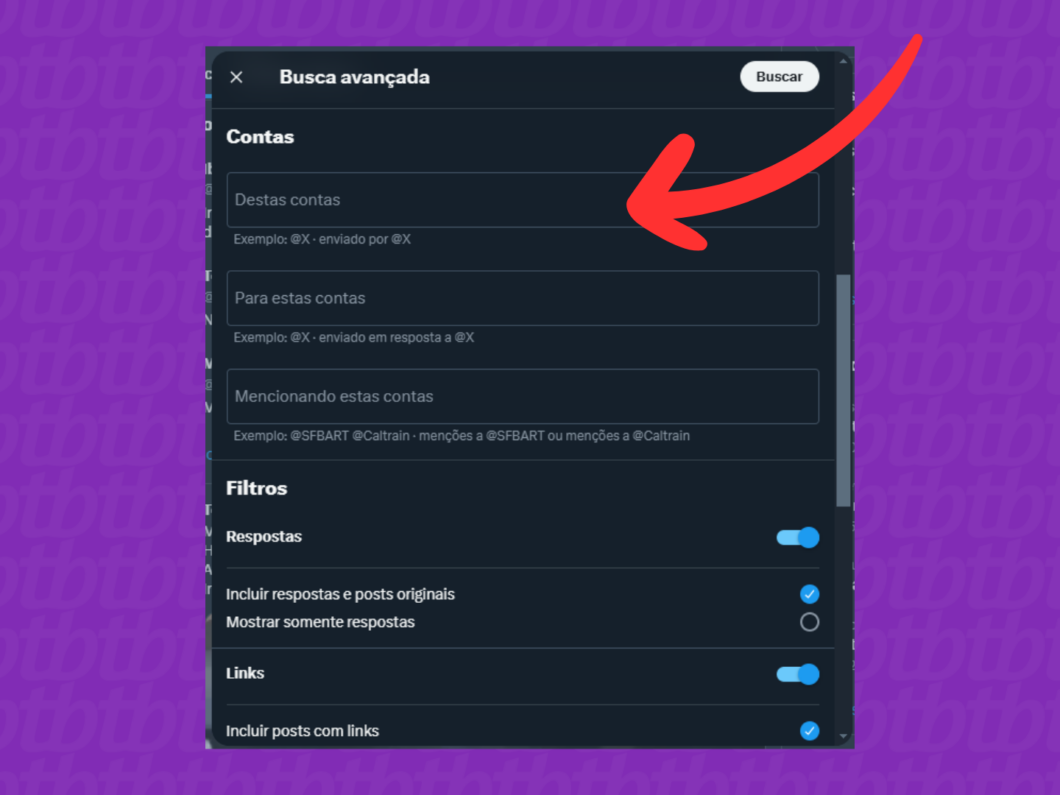 Captura de tela do site X (Twitter) mostra como filtrar as contas da pesquisa