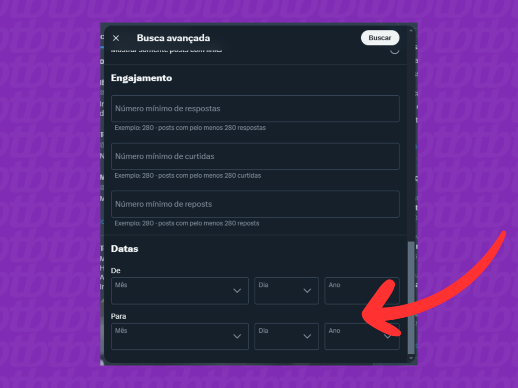 Captura de tela do site X (Twitter) mostra como filtrar os tweets por data