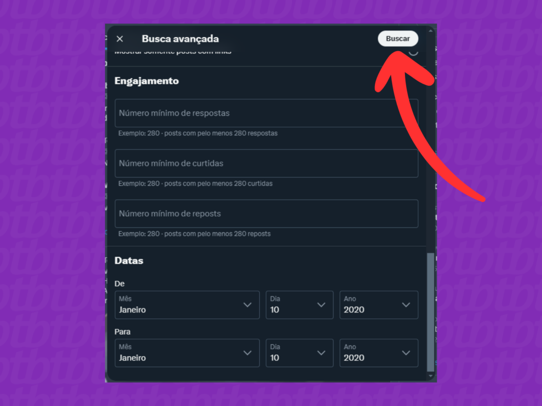 Captura de tela do site X (Twitter) mostra como realizar a pesquisa avançada