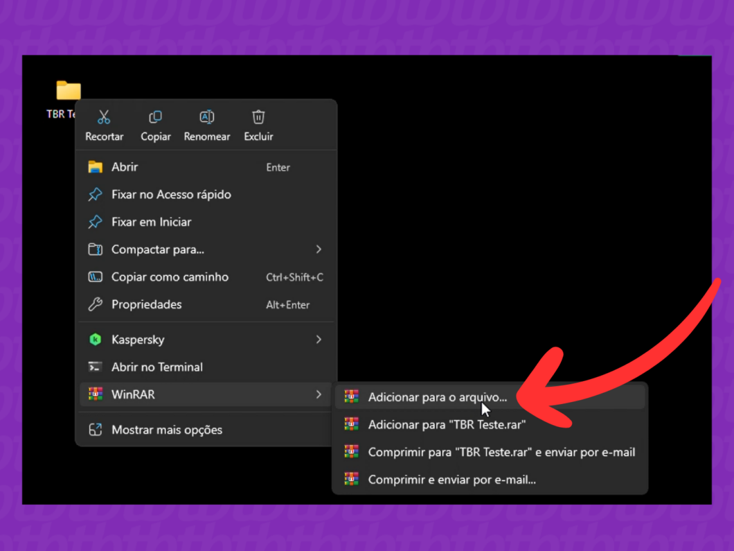 Selecionando a opção "Adicionar para o arquivo..." do Winrar