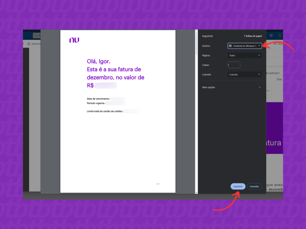 Confirmando a impressão do PDF da fatura do Nubank