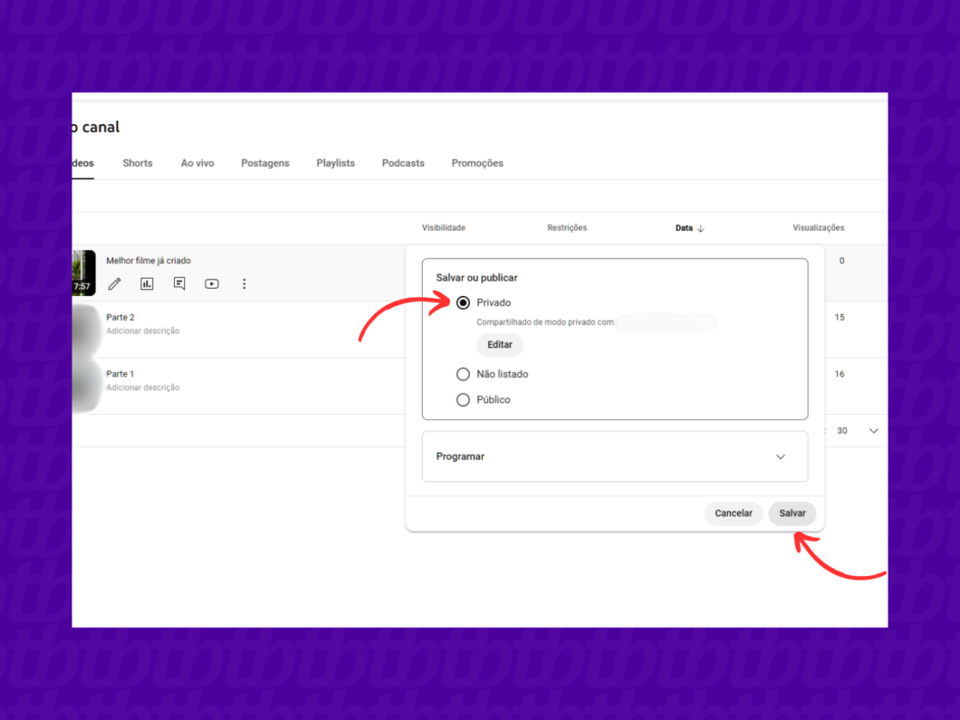Definindo o vídeo do YouTube como privado