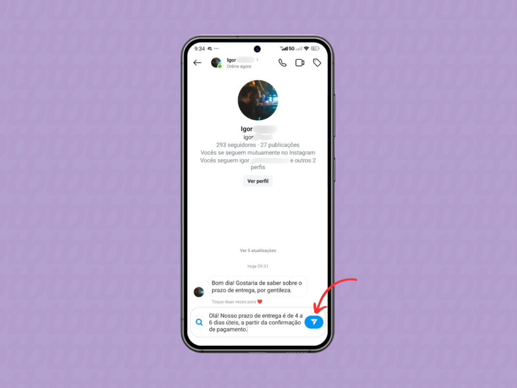 Enviando a mensagem rápido pelo chat do Instagram