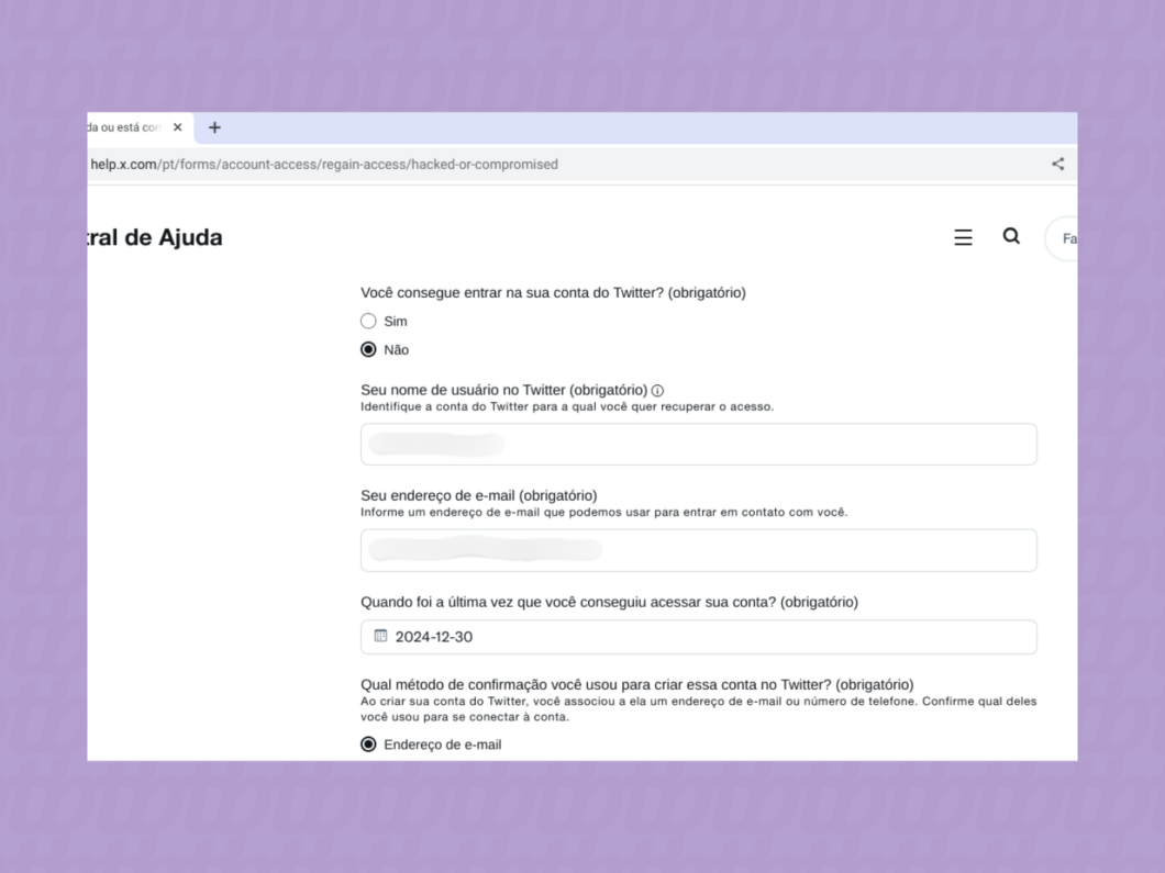 Enviando o formulário para recuperar a conta do X (Twitter) hackeada