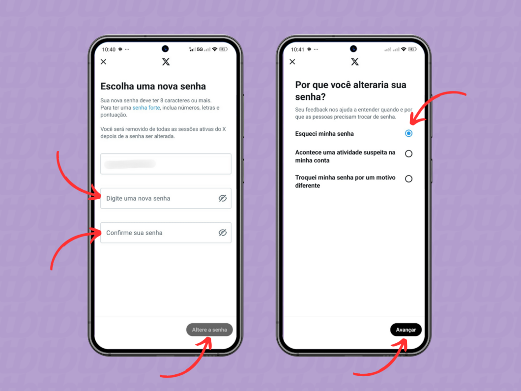 Escolhendo uma nova senha para a conta no X