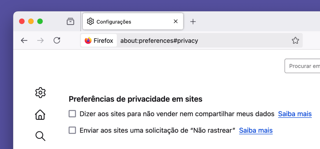 Tela de configurações do Firefox com as opções "Dizer aos sites para não vender nem compartilhar meus dados" e "Enviar aos sites uma solicitação de 'Não rastrear'"