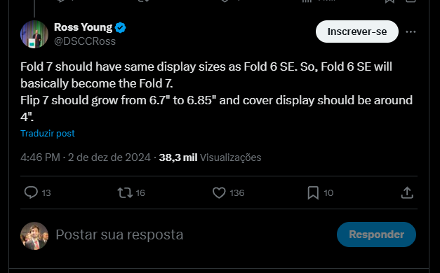 Ross Young afirma que Galaxy Z Flip 7 e Galaxy Z Fold 7 terão telas maiores (Imagem: Reprodução/X)