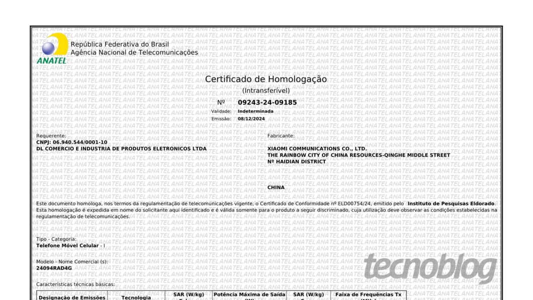 Certificado de homologação do Redmi Note 14 5G (Imagem: Reprodução/Anatel)