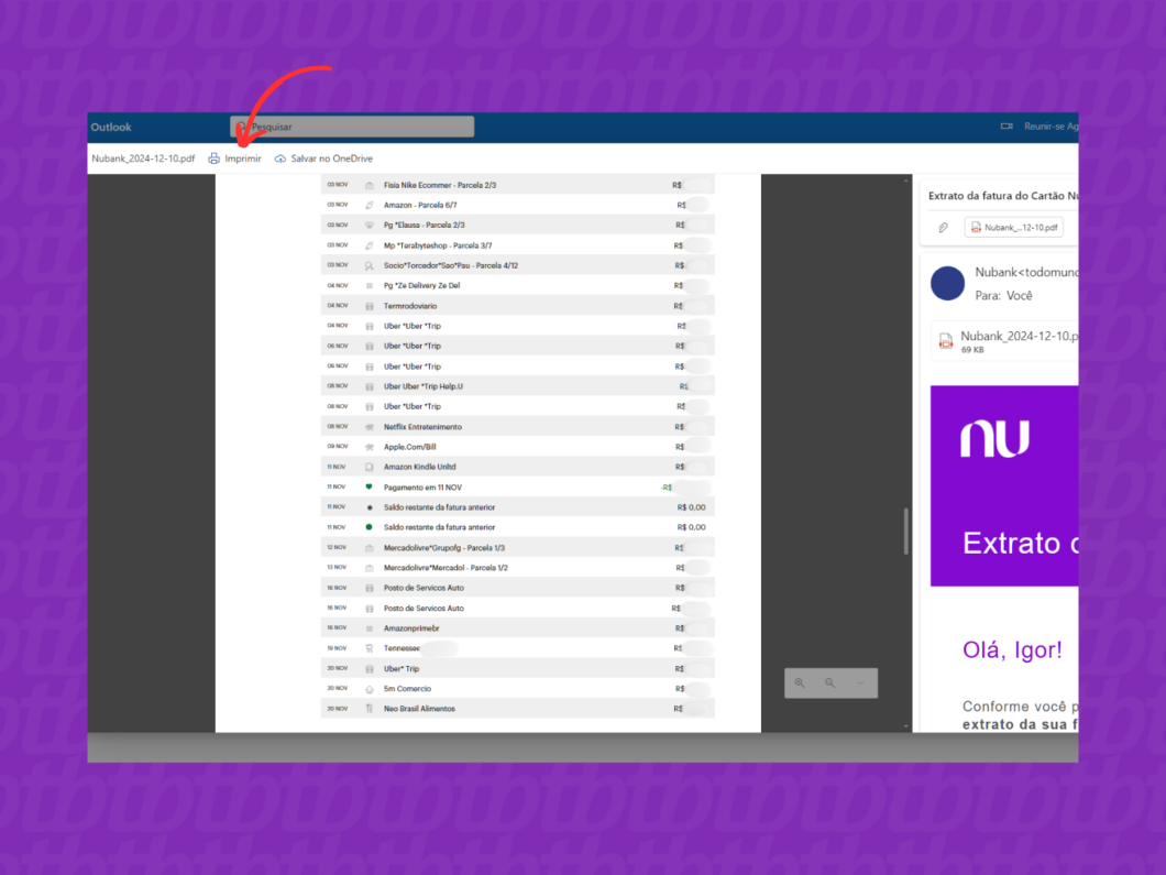 Imprimindo a fatura do Nubank pelo PC