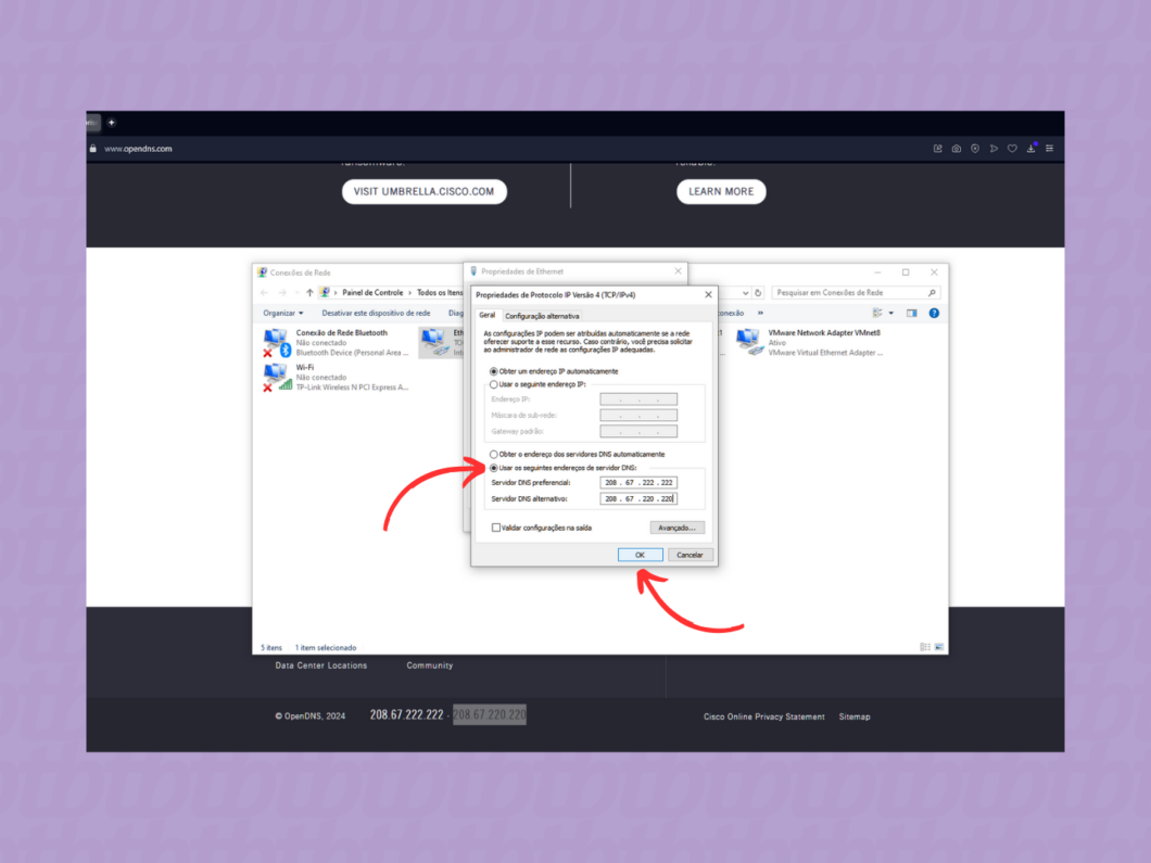 Inserindo os endereços DNS do OpenDNS na rede do PC com Windows
