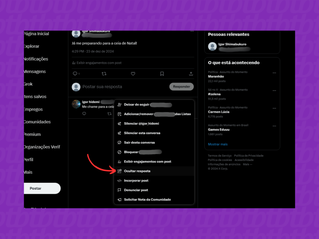 Ocultando resposta de um post no X (Twitter) pelo PC