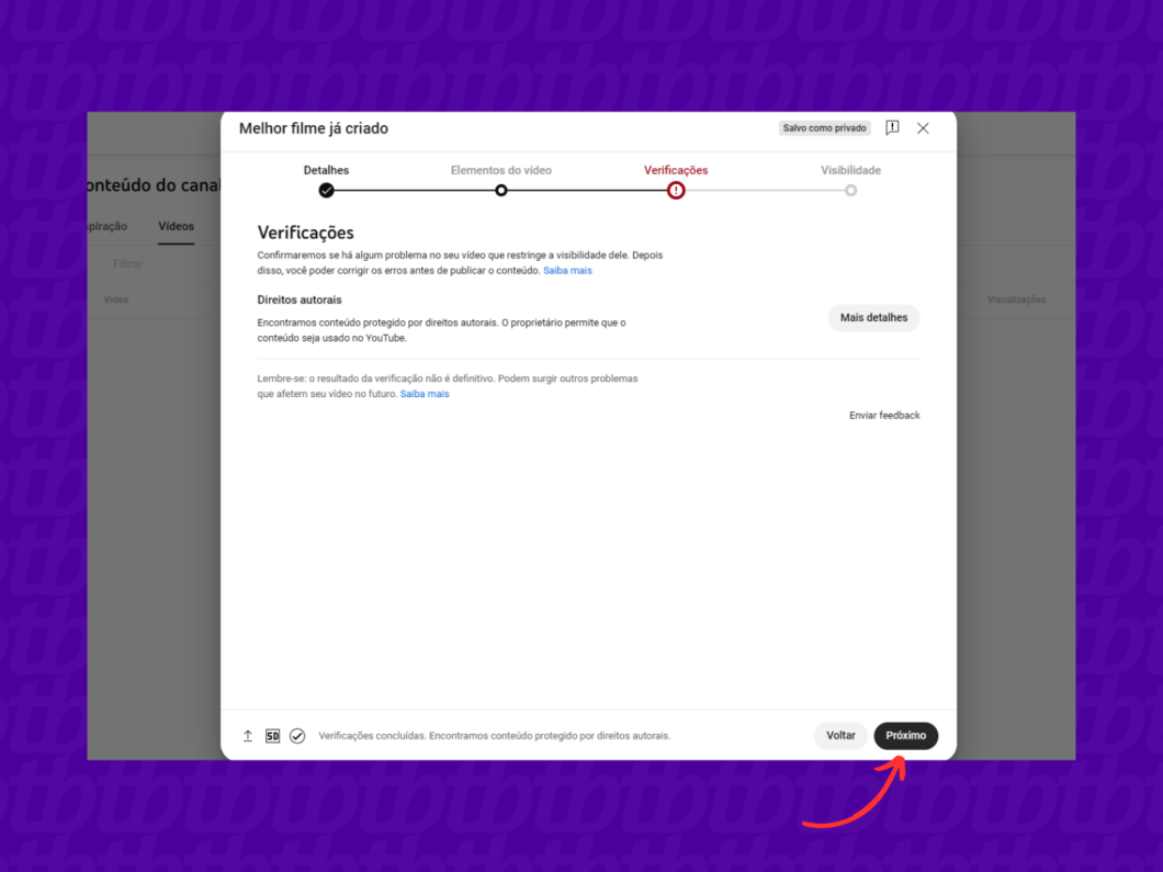 Passando pela análise de direitos autorais do YouTube