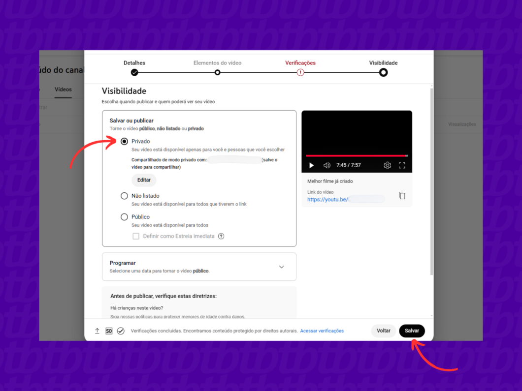 Publicando o vídeo privado no YouTube pelo PC