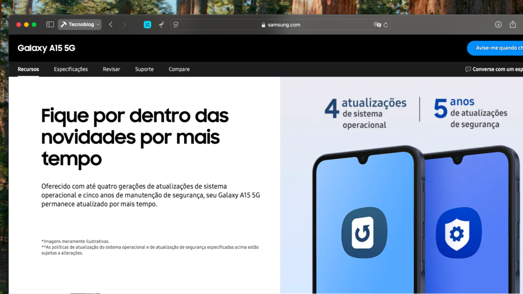 Captura de tela de site da Samsung sobre o Galaxy A15 5G. O conteúdo diz: "Fique por dentro das novidades por mais tempo. Oferecido com até quatro gerações de atualizações de sistema operacional e cinco anos de manutenção de segurança, seu Galaxy A15 5G permanece atualizado por mais tempo."