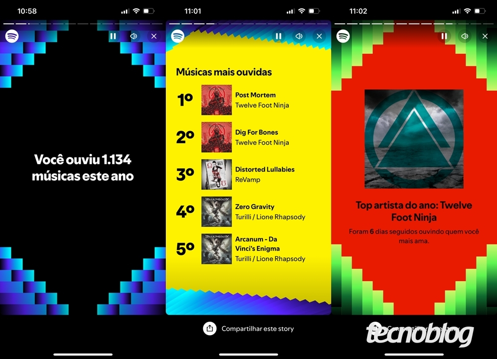 Exemplos do que o Spotify Wrapped 2024 mostra (imagem: Emerson Alecrim/Tecnoblog)