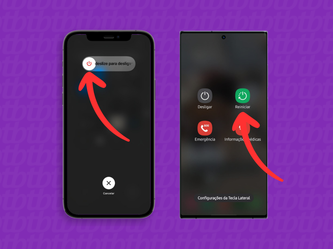 Captura de tela mostra como desligar ou reiniciar um iPhone e um celular Android