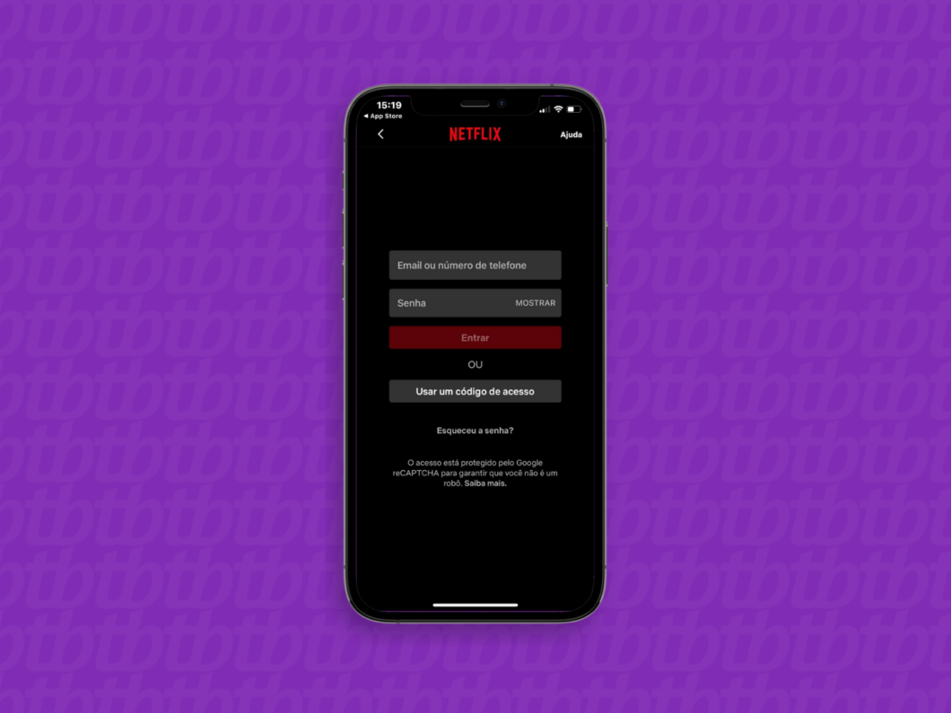 Captura de tela mostra como fazer login no aplicativo da Netflix