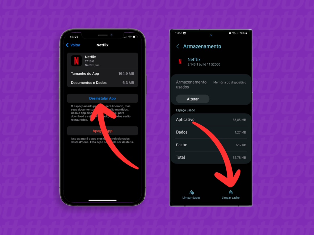 Captura de tela mostra como limpar o cache do aplicativo Netflix no iPhone e no celular Android