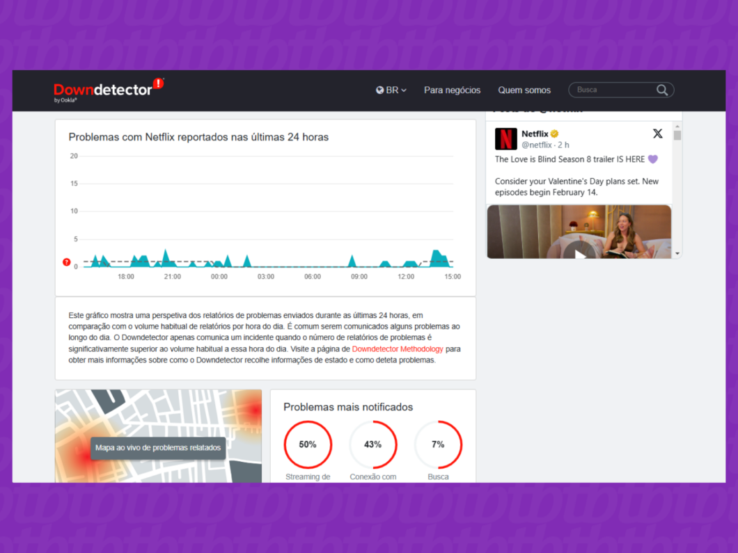 Captura de tela do site Downdetector mostra os dados da Netflix