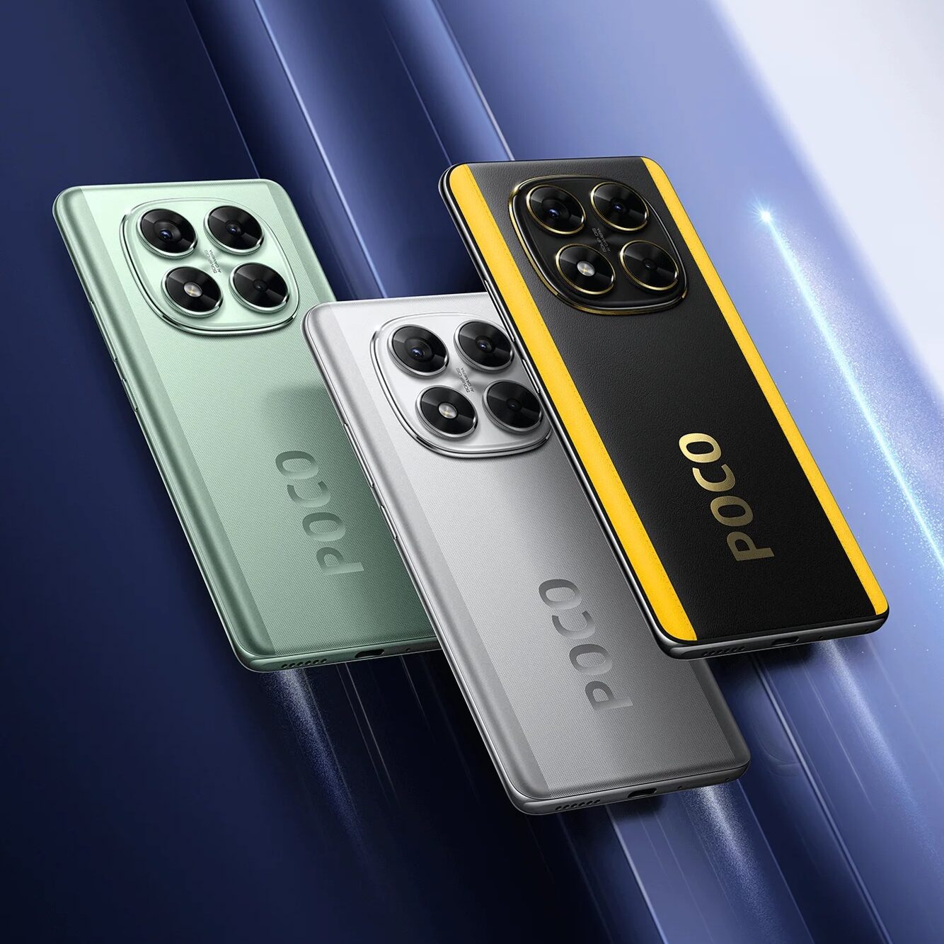 Imagem mostra três modelos do celular Poco X7 Pro da Xiaomi: um verde, um prateado, e um preto e amarelo.