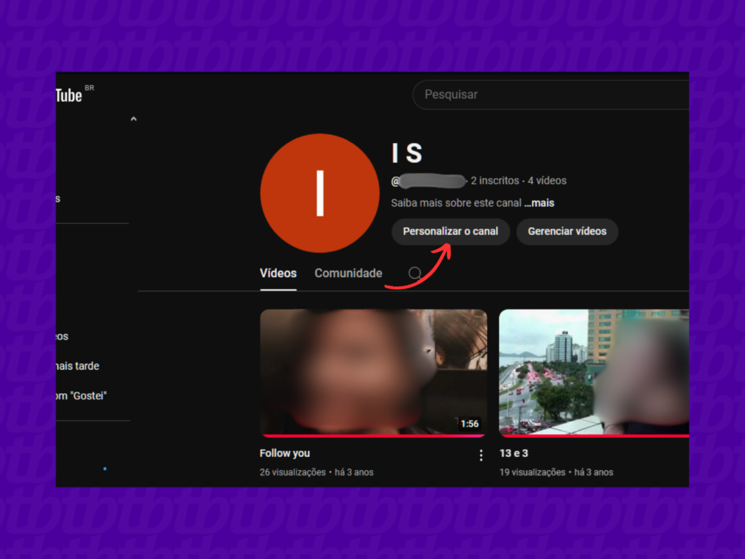 Acessando a guia "Personalizar o canal" do YouTube