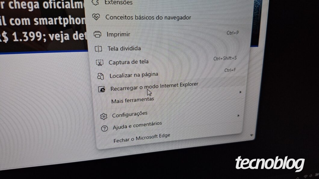 Imagem mostra opção "Recarregar o modo Internet Explorer" no navegador Microsoft Edge