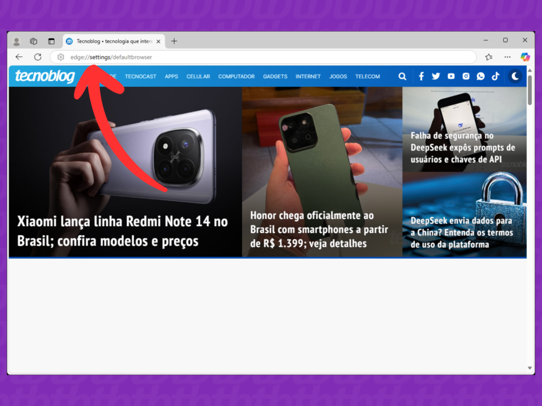 Captura de tela do navegador Microsoft Edge mostra o caminho menu de configurações